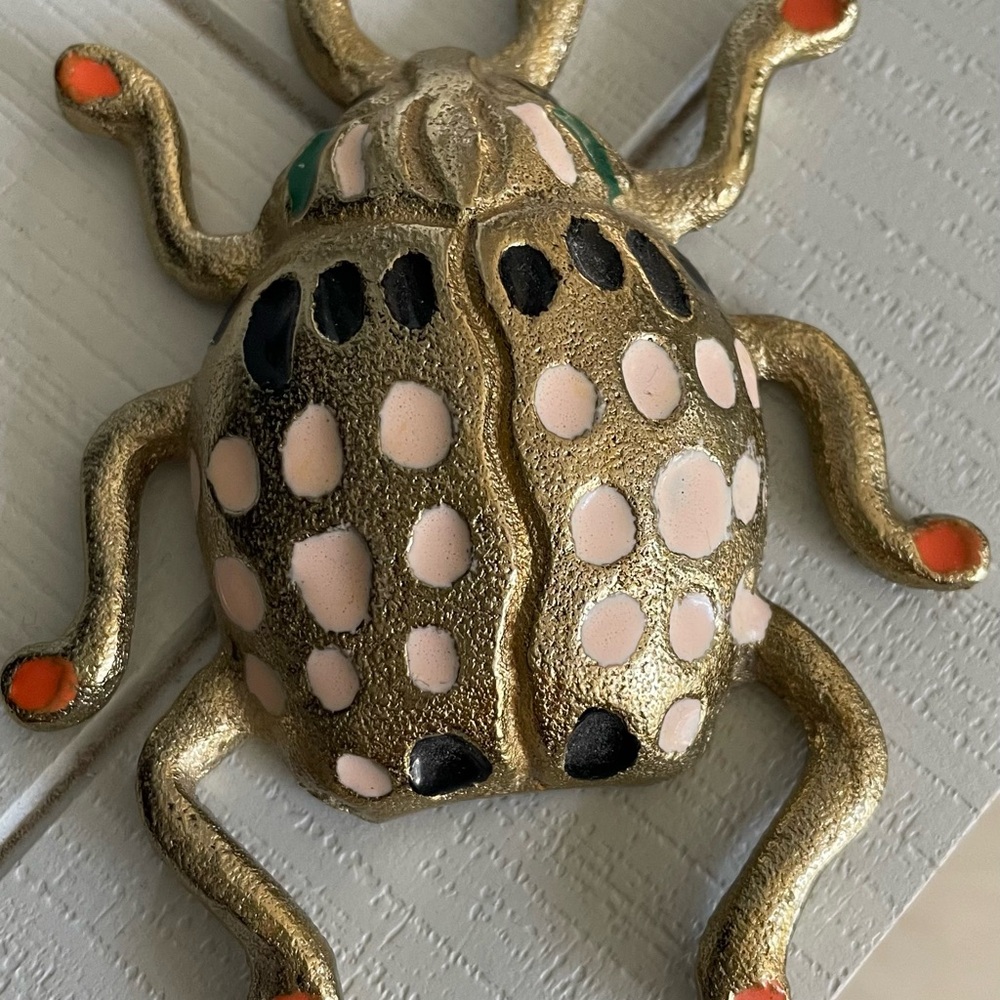 SOLD Gold Toned Scarab Beetle  Pink and Black Accents Shelf or Wall